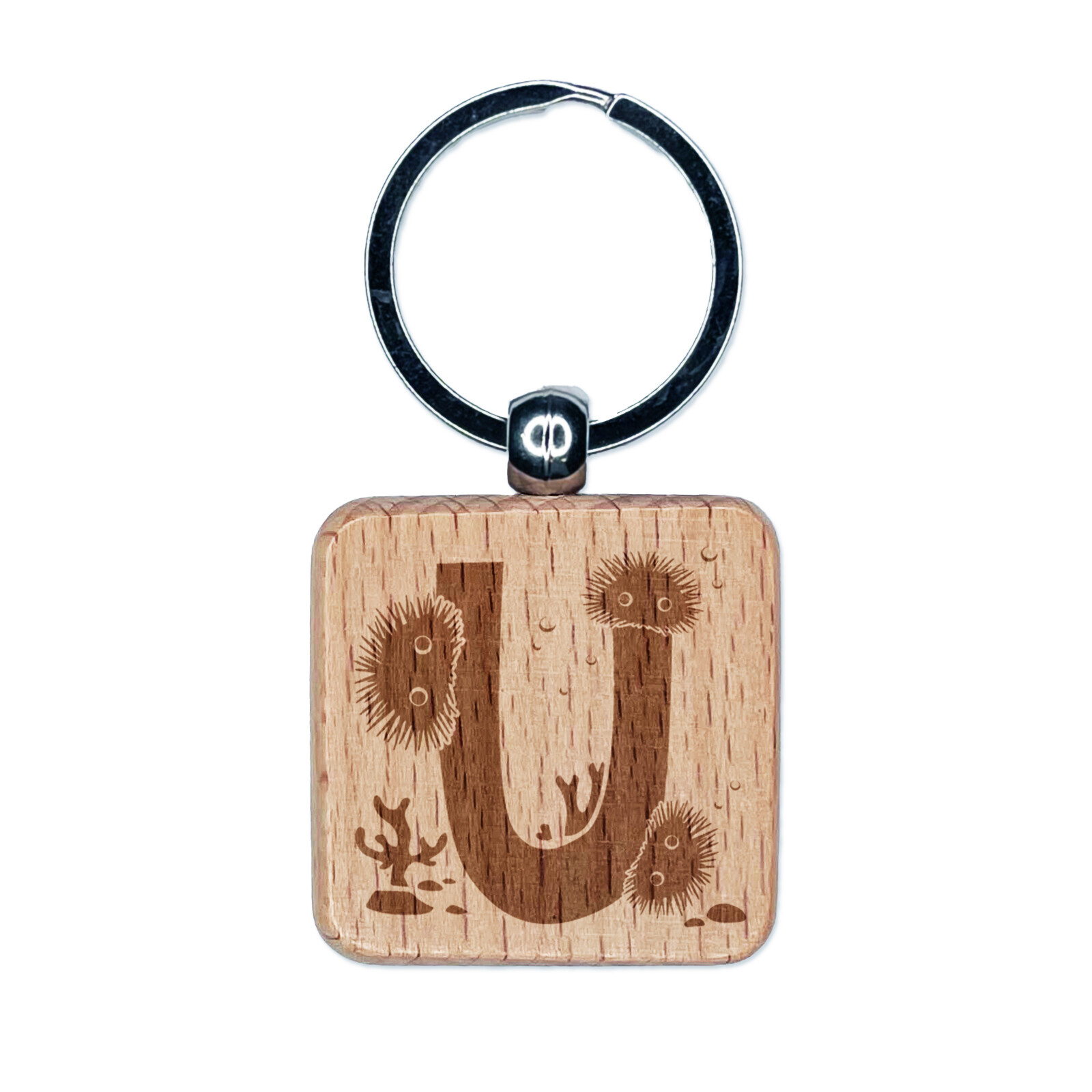 Alphabet Letter U Urchin Wooden Keychain Tag Charm Engraved Animal Theme