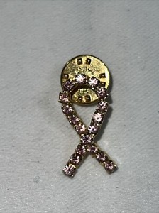 Breast cancer awareness ribbon lapel pin pink rhinestones gold tone