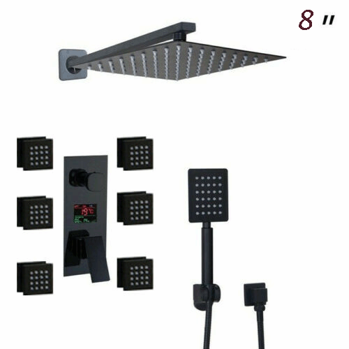 Schwarz 8" Badezimmer Dusche Wasserhahn Kopf Handbrause 6 Massagedüsen Mischbatterien Set - Bild 1 von 10