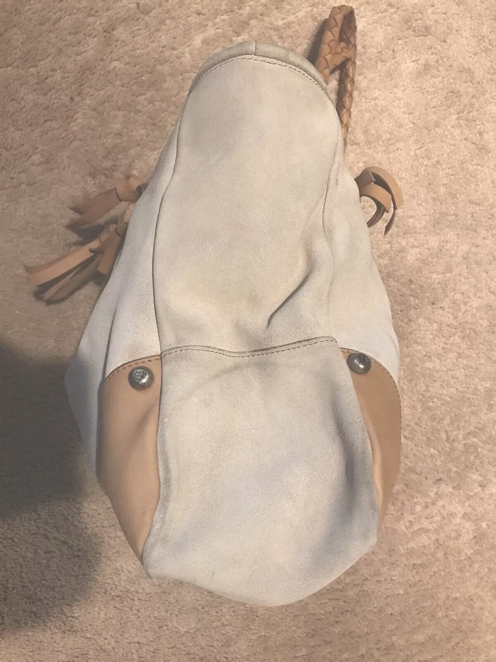 Bolso de Mano Italiano Grande de Gamuza FALOR Taupe Claro con Correas Trenzadas Tostadas Cartera Foto 4 de 4