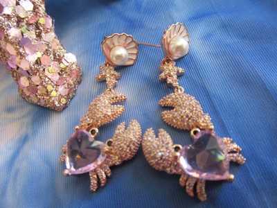 Rose Gold Crab Pink Shell Pearl Cubic Zirconia Earrings- Beautiful! NEW