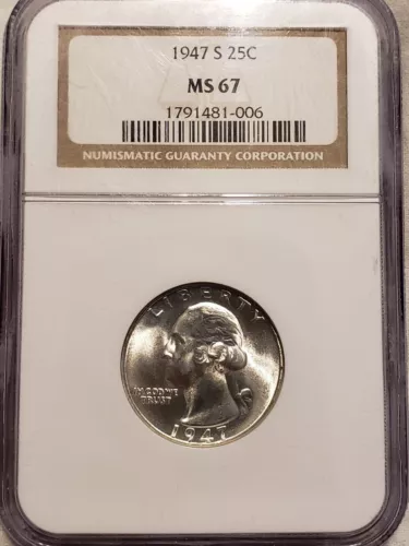 1947 S WASHINGTON QUARTER NGC CERTIFIED MS67 DEEP FROSTY WHITE