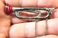 Vintage Red and silver Trumpet Metal 2" Pinback with dangling chain