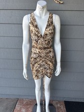 Leopard Print Ruched Bodycon Mini Dress with V-Neck and Drawstring Sleeveless