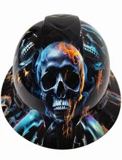 full brim hard hat custom hydro dipped IN REALISTIC FLAMING SKULLS  NEW
