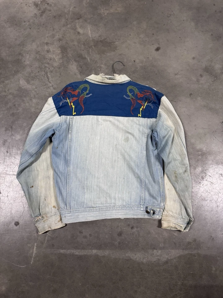 Chaqueta de Jean Demin Vintage Años 60 Cosida con Cadena Desteñida Desgastada Para Hombre Talla L Foto 2 de 4