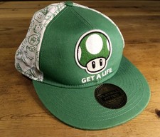 Super Mario 1-Up Mushroom Hat Cap Fitted Mens S/M Green Get A Life Flatbill NWOT