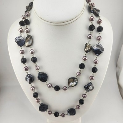 Multi Strand Mother of Pearl Black Faceted Bead Necklace Silver Tone