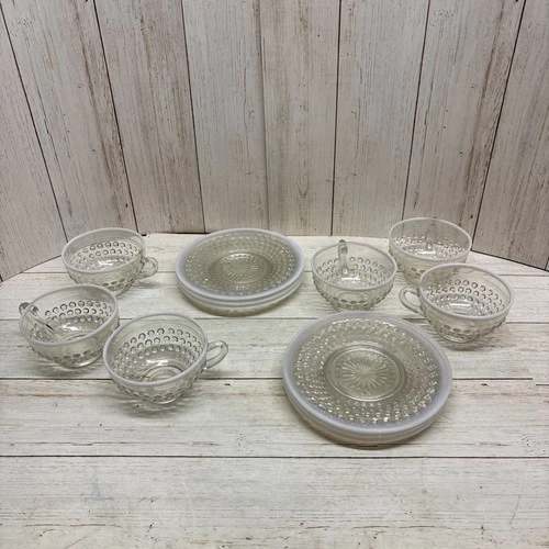 Vntg Anchor Hocking Moonstone Opalescent Glass Set Of 6 Cups & Saucers