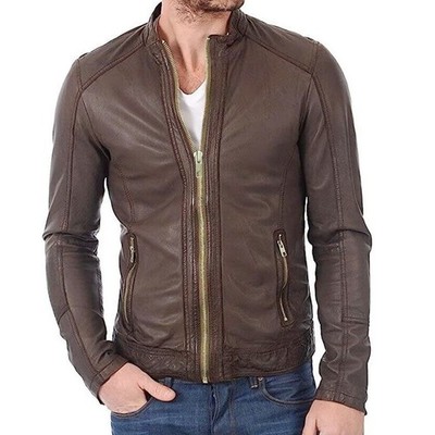 REAL Men s Motorcycle Biker Vintage Cafe Racer Antique Brown Real Leather Jacket