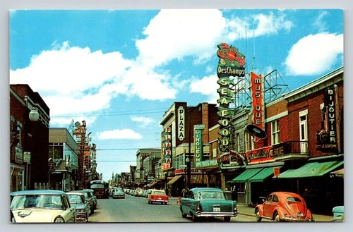 Vintage Montreal Rue St-Hubert Street Scene Postcard UNIC Neon Signs 1950s 60s