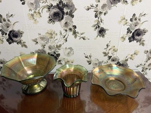 Antique Northwood Green Carnival Glass lot of 3 Pieces