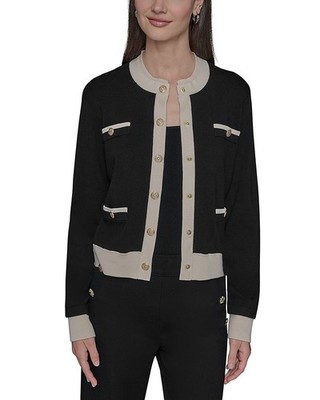 KARL LAGERFELD PARIS Contrast Trim Cardigan Women's M Blck/Birch Long Sleeve