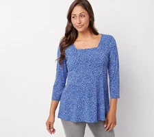 Susan Graver Women's Top Sz XL Printed Liquid Knit Fit & Flare Tunic Blue