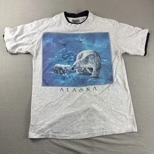 Oneita Power T Shirt Mens M Gray Alaska Polar Bear 1995 90s Single Stitch Vtg