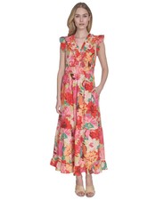 Vince Camuto Women's Floral-Print Ruffled-Shoulder Dress Multi Size 10 3053