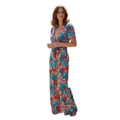 NWT INC Jeannie Mai Floral Jumpsuit L Tropical Wrap V Neck Boho Summer Wide Leg