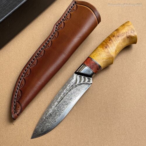 Coltello da caccia artigianale Damasco Vg10 sopravvivenza lama fissa con fodero in pelle - Foto 12 di 18