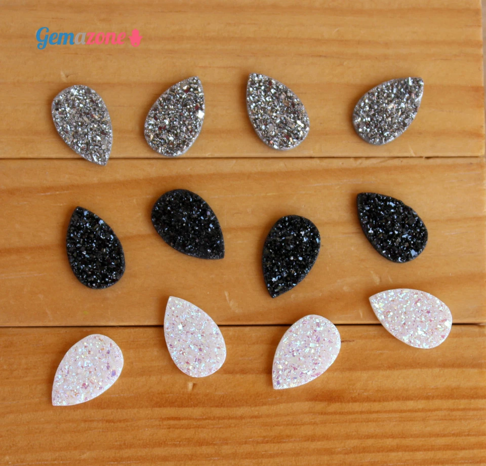 Natural Druzy Pear Cabochons Faux Drusy Silver Black White Loose Gemstone 6 PCS - Image 3 of 4