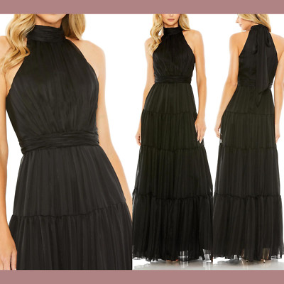 NWT $398 IEENA Mac Duggal [ 10 ] 49515 Tie Neck Tiered Halter Gown Black #Q887