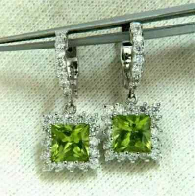 4 CT Princess Halo Lab Created Peridot Women Drop Earrings 14k White Gold Plated