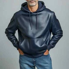 Men's Leather Hoodie Navy Blue Pullover Sweatshirt Casual Streetwear XS-4XL