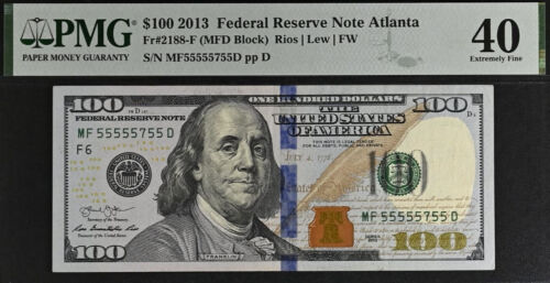 2013 $100 Federal Reserve Note - PMG 40 - Near Solid Serial Number 55555755 - Picture 2 of 3
