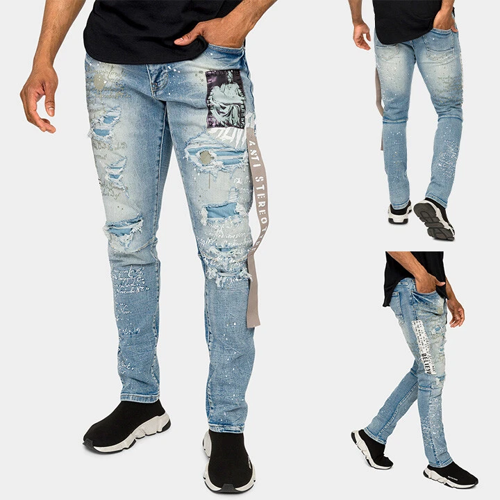G-Style USA Men's Casual Collage Patch Paint Splatter Faded Denim Jeans SJP21263