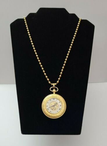Modernist Burnished Gold Tone DeJuno Quartz Pendant Watch Chunky Bead Chain  - Picture 1 of 12
