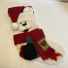 Christmas Stocking Polar Bear With Santa Hat Scarf 18” Pom Pom