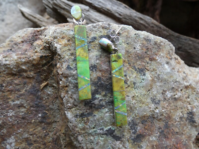 Beautiful Green Gaspeite & Opal Gemstone Handcrafted Post Bar Earrings NEW K39