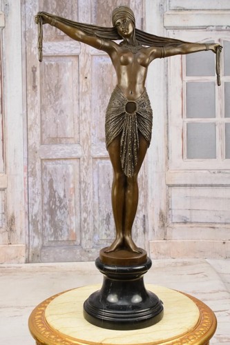 Large ! Demetre Chiparus Bronze Statue - Dancer with Shawl - Woman Cabaret - Picture 5 of 7