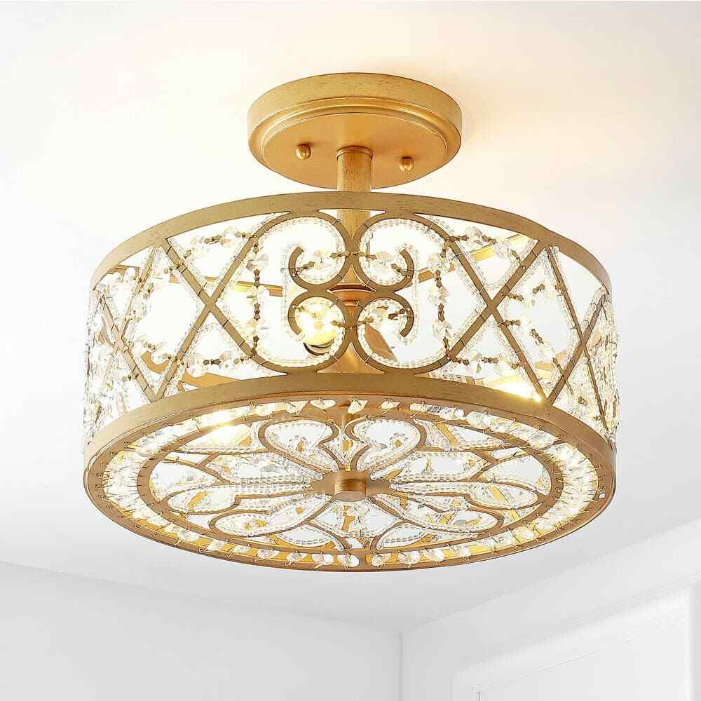 Leila 3-Light 13-Inch Antique Gold Iron Crystal Modern Glam LED Flush Mount Light