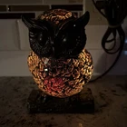 Vtg Tiffany Style Mosaic Stained Glass Brown Owl Table Lamp Night Light  6.75”