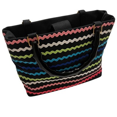 Tiannl Colorful Wavy Ric Rac Black Faux Bamboo Handle Tote Purse
