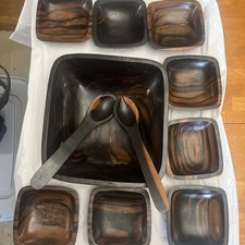 Dark Wood Salad Bowl Set 11 Pieces 1 Large Bowl, 8 Small Bowls Utensils Square