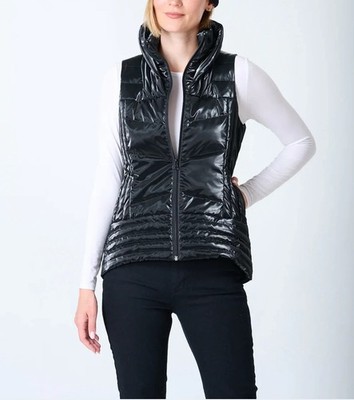 Anorak Quilted Down Puffer Vest Black Metallic Women s Medium Shiny Zip Pockets
