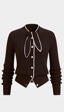 Dark Brown Tie Neck Contrast Trim Wool Blend Cardigan By Commense Size M Uk 10