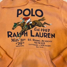 Polo Ralph Lauren Riding Academy Orange Graphic Hoodie Sweatshirt Mens Med. flaw