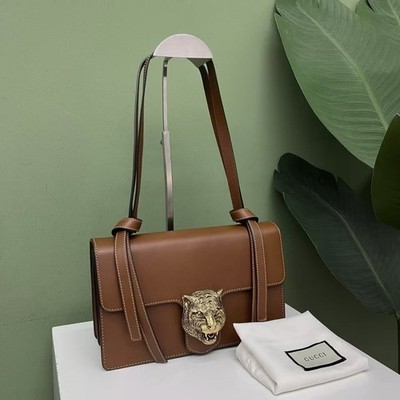 Gucci Rajah Brown Leather Tiger Head Crossbody Bag 27cm Auth Pre-owned