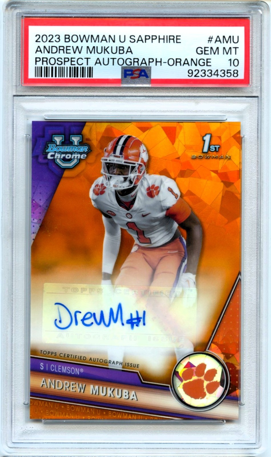 ANDREW MUKUBA RC 2023 BOWMAN U CHROME SAPPHIRE ORANGE ROOKIE AUTO SP 9/25 PSA 10