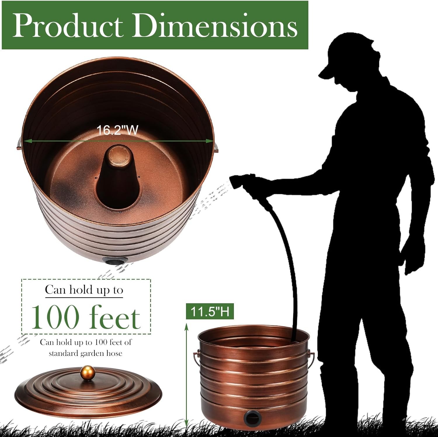 Garden Hose Pot with Lid and Handle,Matte Brass Ribbed Steel Garden Hose Holder