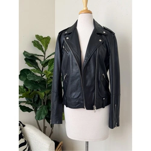 Mango Moto Jacket Black Leather Asymmetric Zip Biker Edgy Classic Size S - product listing photo