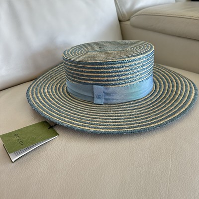 NWT GUCCI BLUE STRAW STRIPED HAT BOATER 100% Authentic Size 