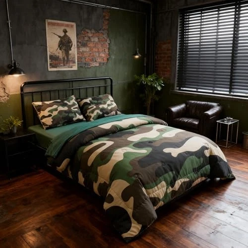  Juego de edredón de ropa de cama tamaño camuflaje con sábanas, niños niñas hombres reina verde Foto 4 de 4