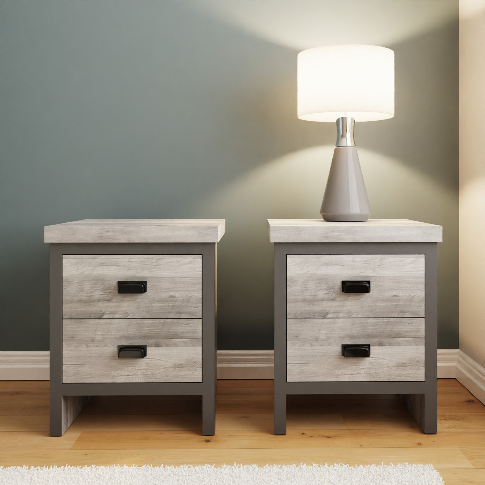 GFW Boston 2 Drawer Bedside Table - Grey - Contemporary Urban Style - Particle Board - H:52.2 x W:43.0 x D:39.3 cm - Image 2