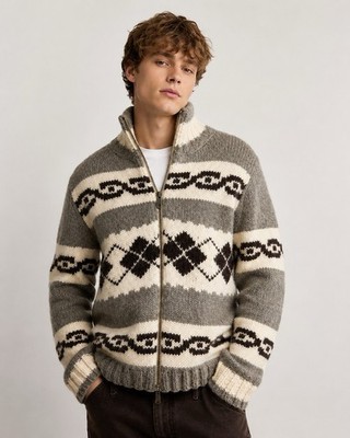 American Eagle Hand-knit Cowichan Fair Isle Alpaca Fill Zip Brown Tan Sweater M