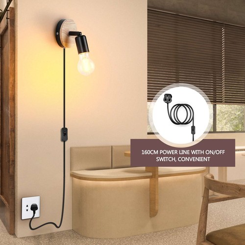 Plug in Wall Lights w/ Switch Wall Lights Indoor Wood Wall Light 360° Rotatable - Picture 3 of 7