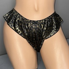Vintage No Excuses Thong Panties Size 5 Gold Black Shimmer Flutter Ruffle Foil