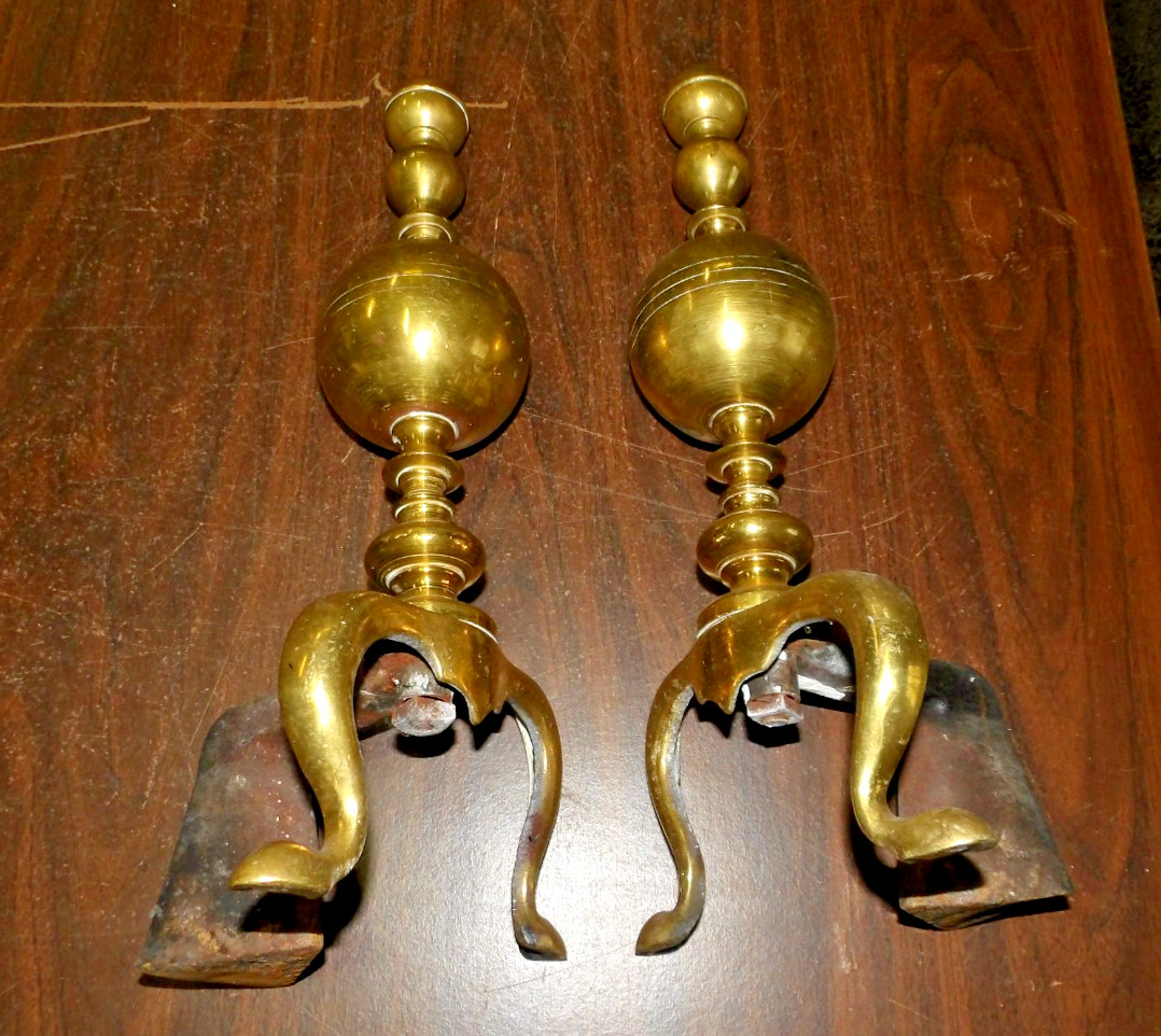 Vtg Pair Cast Iron Brass Fireplace Andirons Firedogs Mid Century 17" Tall